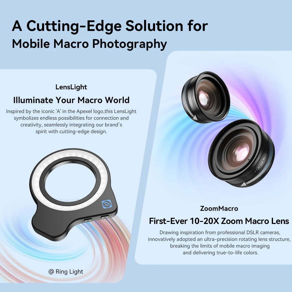 APEXEL 10-20X Zoom Macro Lens HD Micro Phone Camera Lenses with LED Fill Light for iPhone Samsung all Smartphones Eyelash Macro